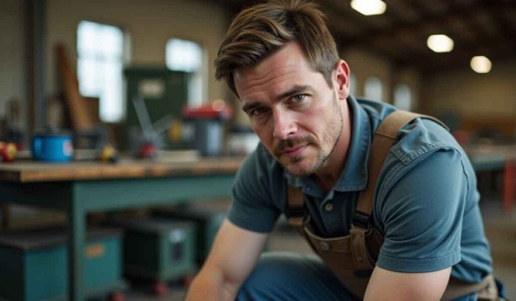 A man in work overalls is looking at the camera, standing in a workshop with tools and equipment in the background.