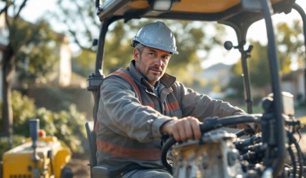 Man wearing a hard hat operates construction machinery outdoors on a sunny day.