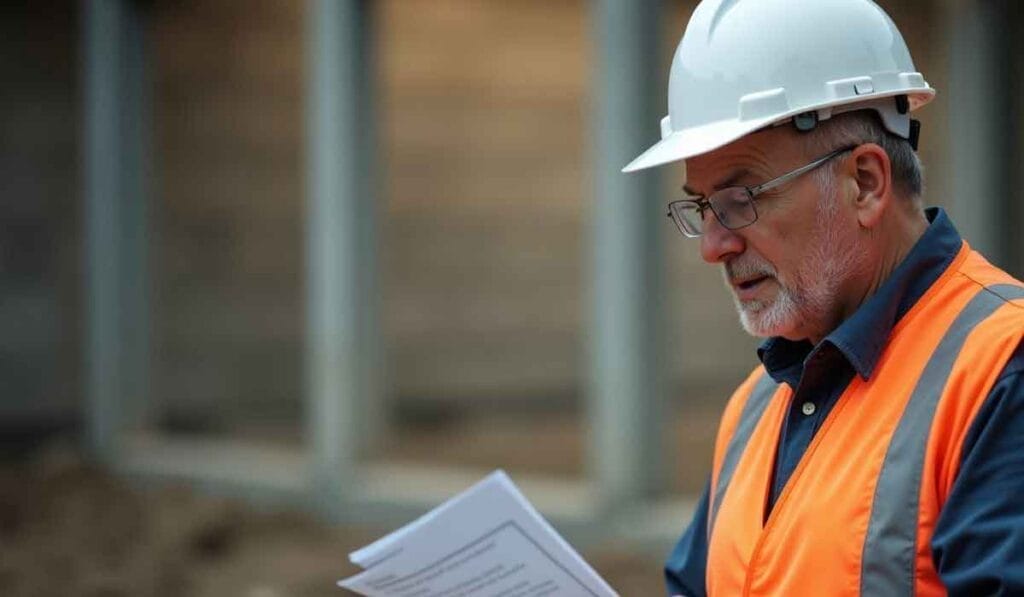 A man in a white hard hat and orange safety vest reads documents on a construction site.