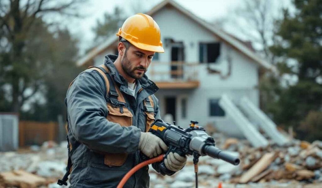 A construction worker in a hard hat operates a power tool at a demolition site, with rubble and a partially demolished house in the background.