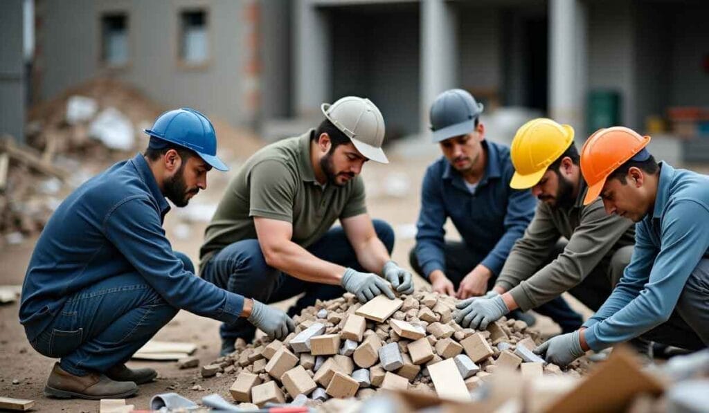 Construction workers sorting rubble into a pile at a construction site, wearing helmets and gloves, with a building in the background.