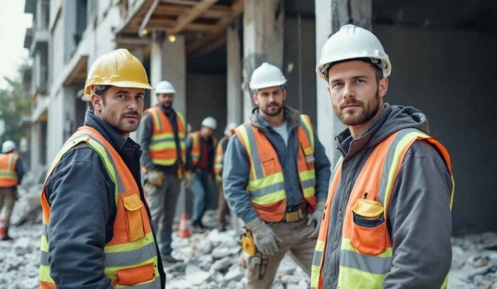 Construction workers wearing safety helmets and vests stand at a building site with debris on the ground.