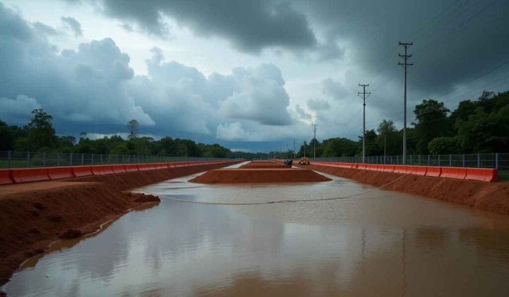 Flooded construction site with muddy water, barriers on both sides, and dark storm clouds overhead. Power lines run parallel to the site.