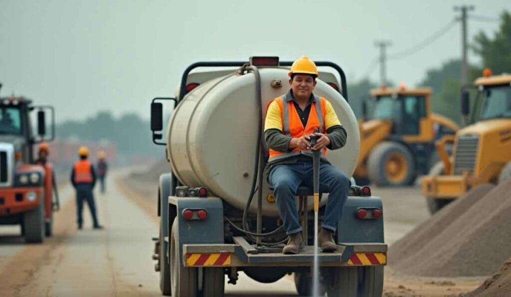 A construction worker in a safety vest and helmet sits on the back of a water tanker, holding a hose, with machinery and other workers in the background on a dusty road.