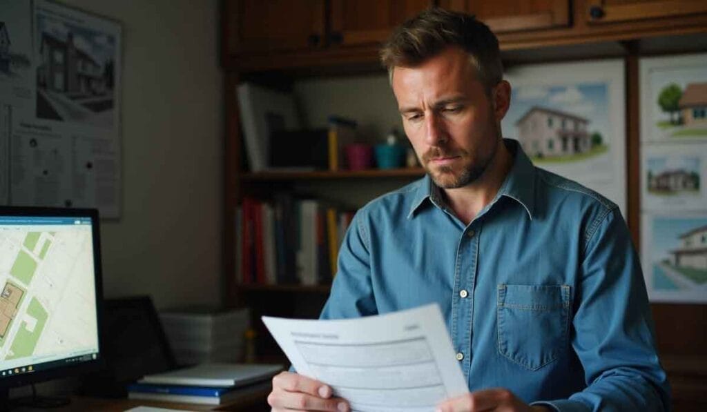 Man in a blue shirt studying documents in an office with a computer and architectural drawings on the wall.