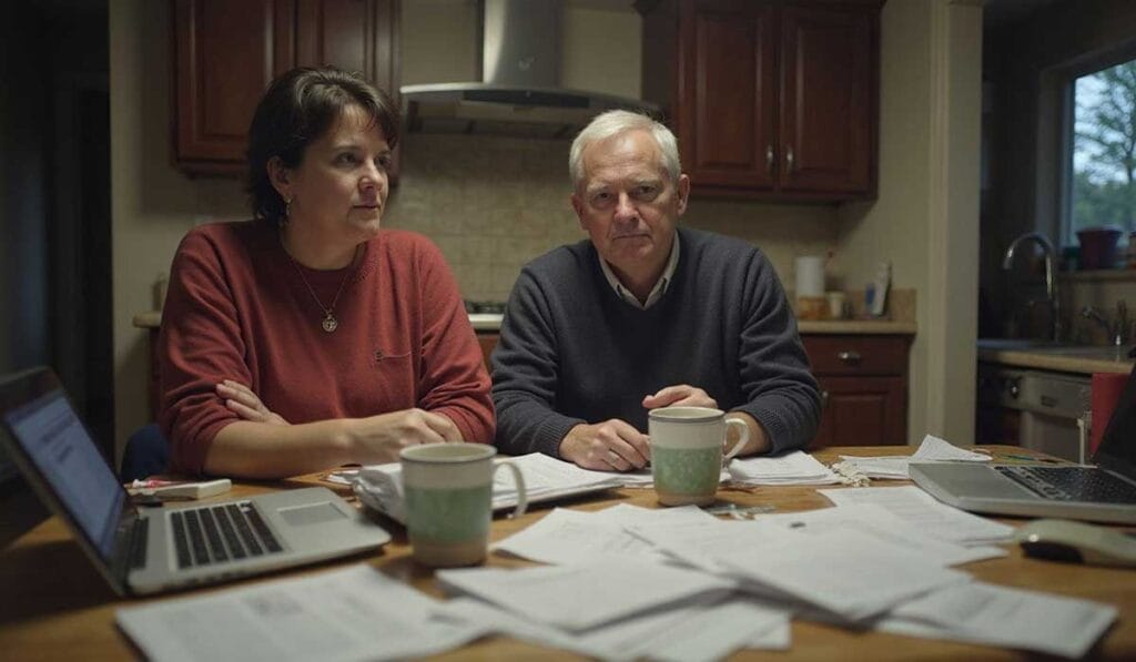 Two people sit at a kitchen table covered with papers, laptops, and coffee mugs, appearing focused and concerned.