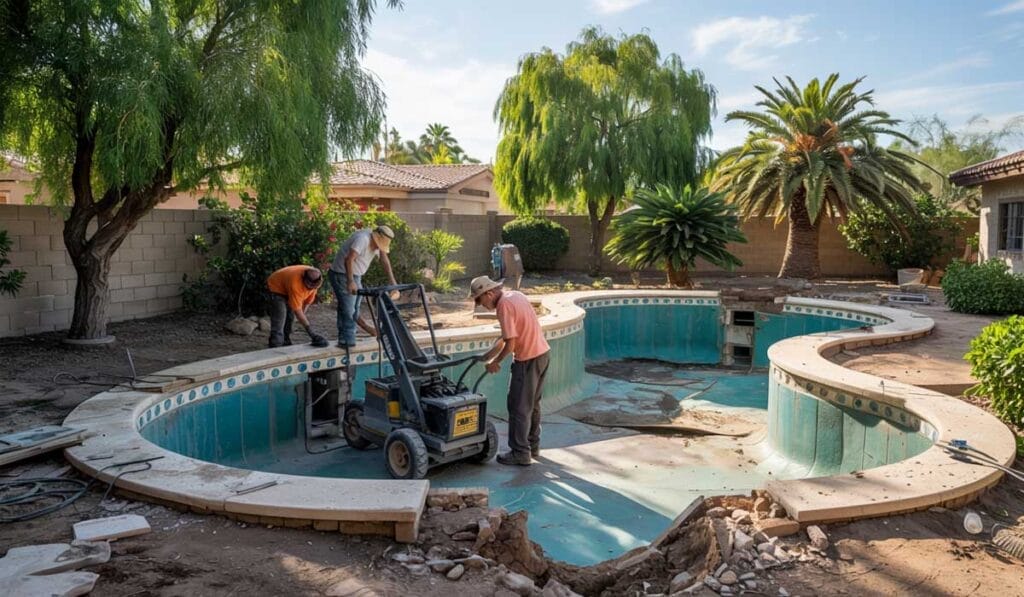 Three workers use construction equipment to demolish an empty backyard swimming pool surrounded by trees and houses.