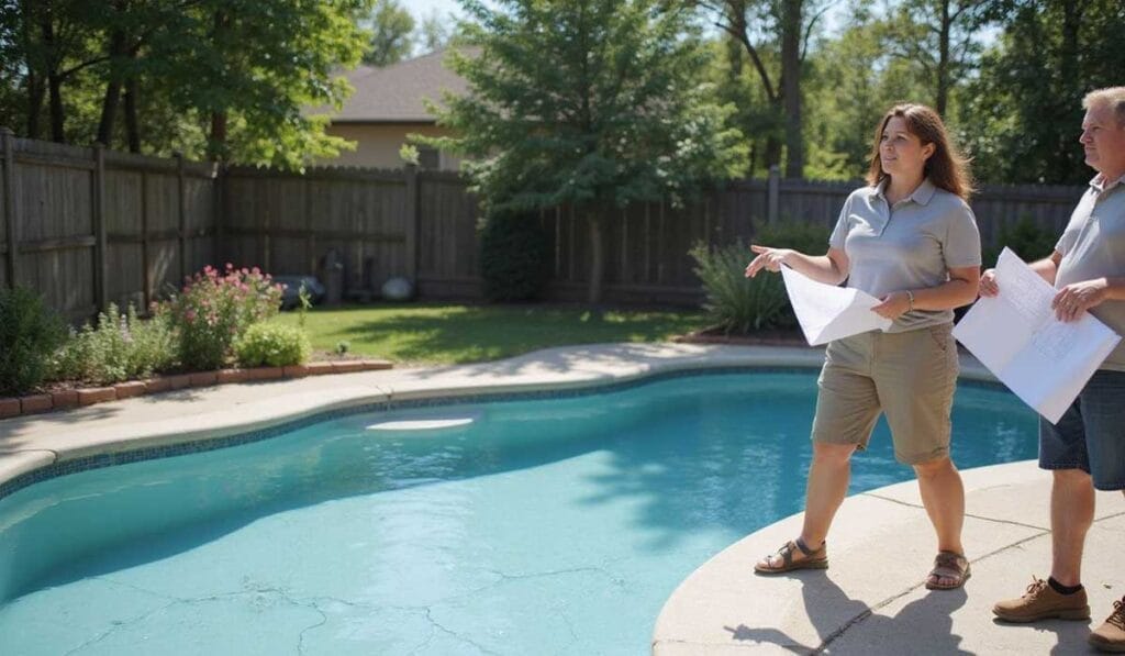 Two people holding papers stand by a backyard swimming pool discussing or inspecting it; surrounding area includes a wooden fence, trees, and landscaped garden beds.