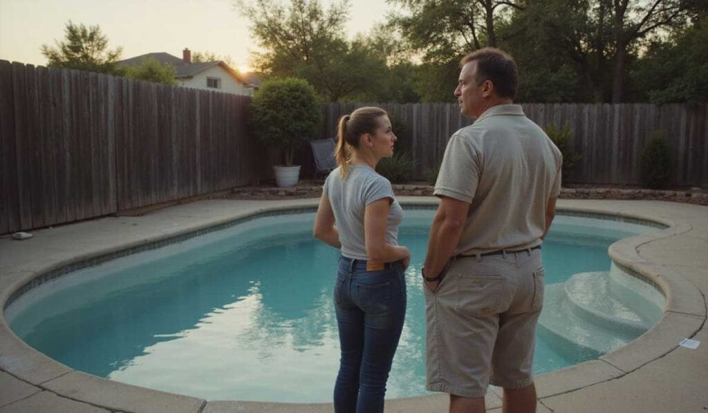 A man and a woman stand by a backyard swimming pool at sunset, facing each other and surrounded by a wooden fence and trees.