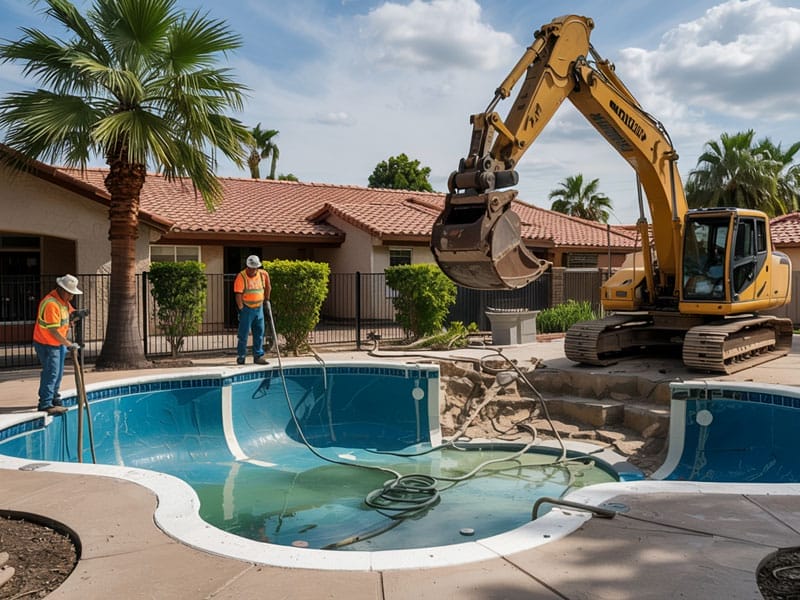 Two workers and an excavator are demolishing an empty swimming pool in a residential backyard, breaking up concrete and removing debris.