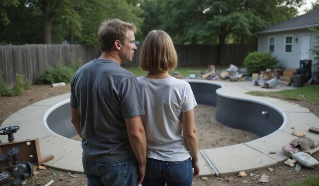 A man and woman stand in a backyard, looking at an unfinished in-ground pool surrounded by construction materials and debris.