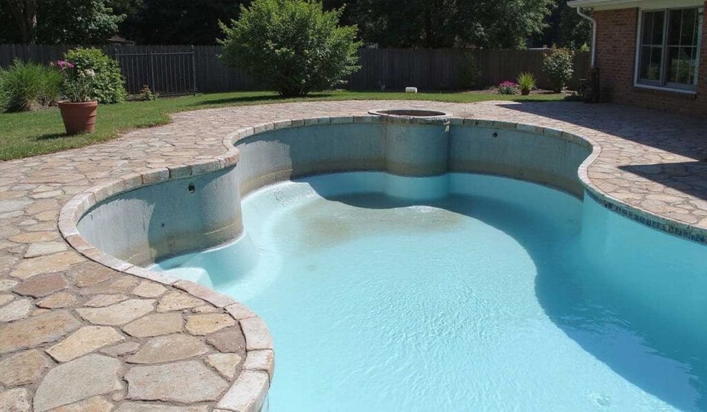An empty backyard swimming pool with minimal water, surrounded by stone patio and greenery, next to a brick house.