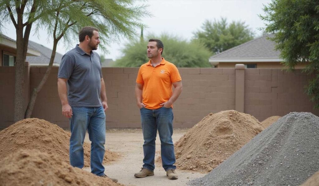 Two men stand outdoors talking near piles of dirt and gravel in a yard bordered by a brick wall and trees.