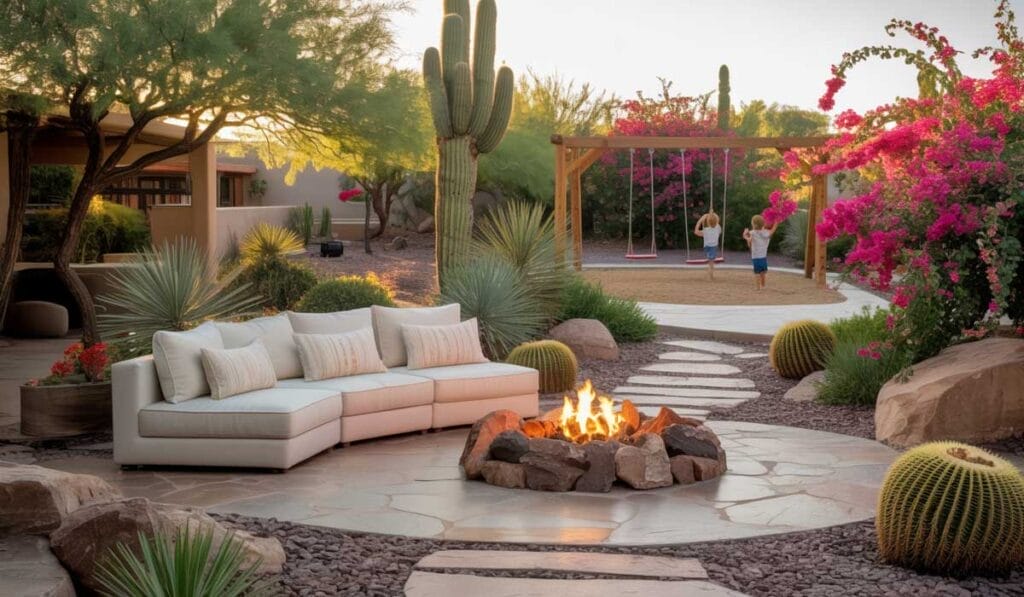 An outdoor patio with a white sectional sofa and stone fire pit, surrounded by desert plants. Two children play on swings in the background near blooming pink flowers.