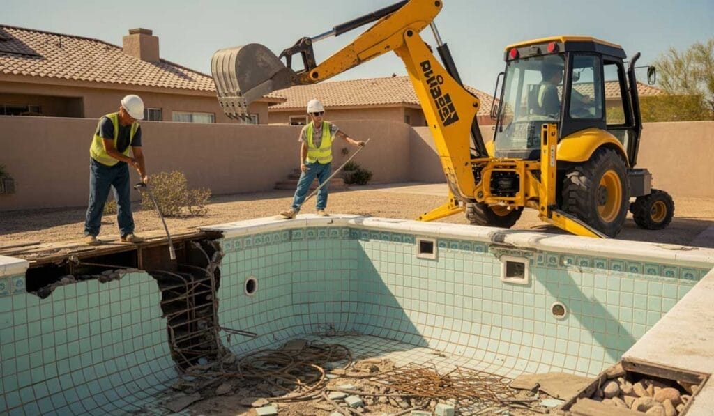 Two construction workers demolish an empty swimming pool; one uses a crowbar while the other operates a backhoe loader to break the pool’s concrete structure.