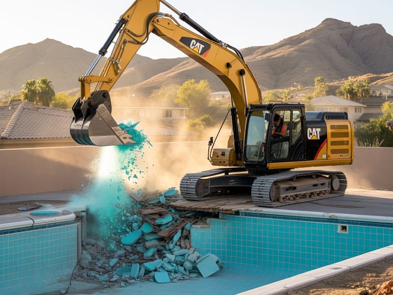A yellow excavator demolishes the bottom of an empty swimming pool, with turquoise debris scattering into the air.